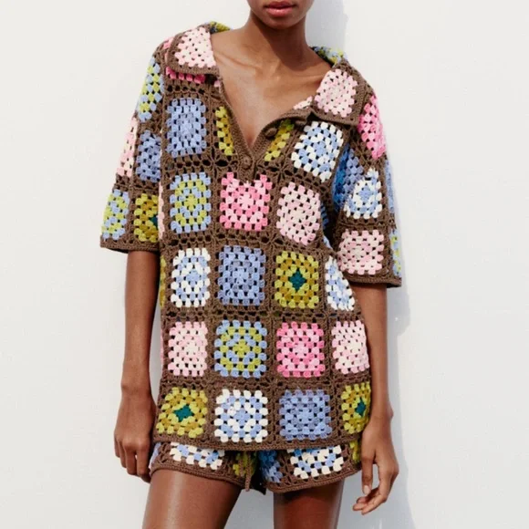 Zara Tops Nwt Zara Crochet Knit Polo Sweater Limited